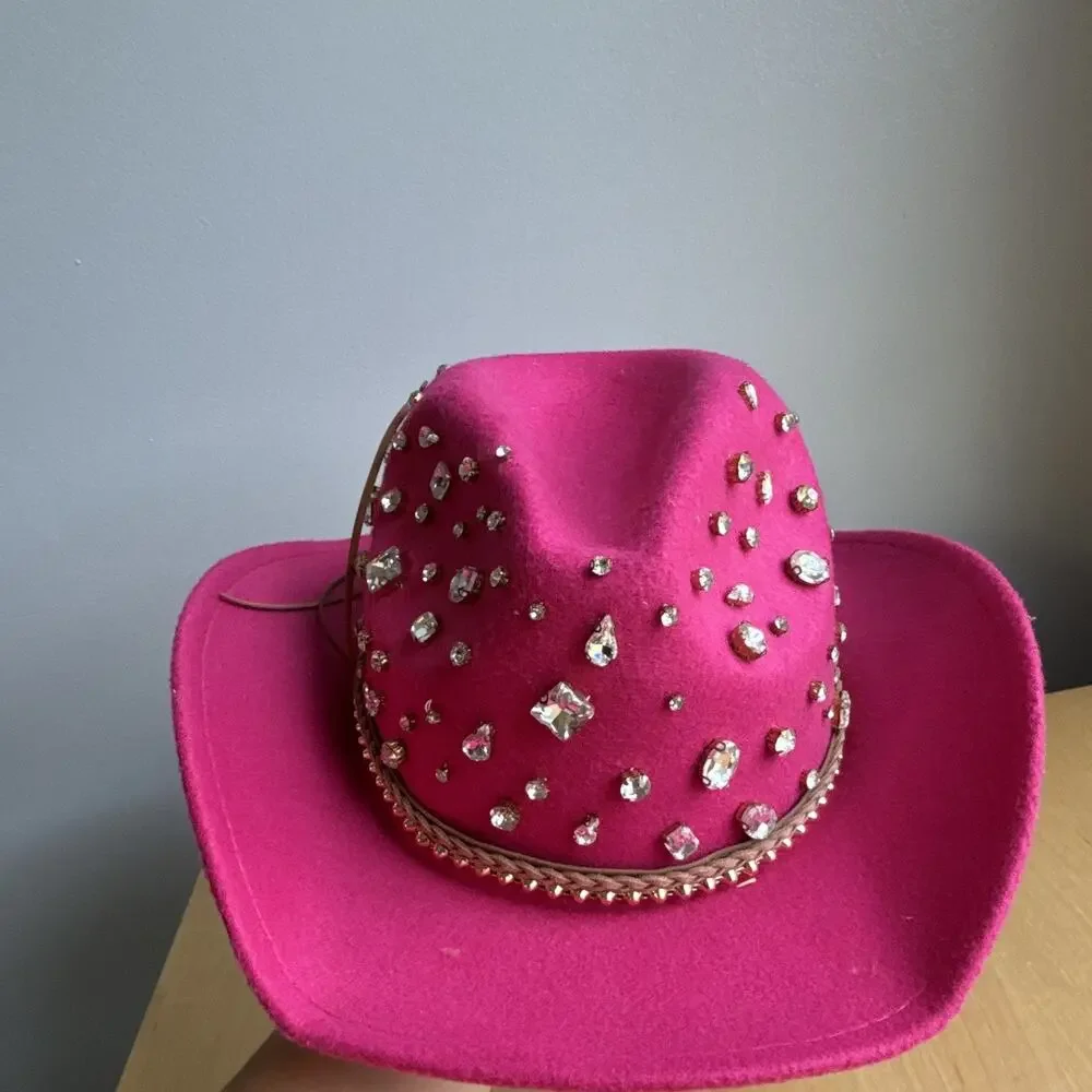Pink Women's Cowboy Hat Rhinestone Accents Felt Polyester 57 cm Solid